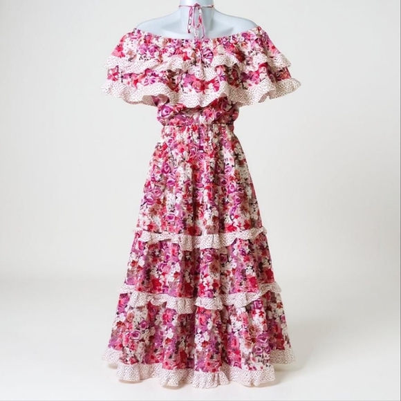 Vintage Floral Halter Maxi Dress Pink White Ruffle Small - Picture 3 of 4